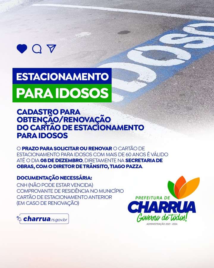 Charrua inicia cadastramento de cartão de estacionamento para idosos