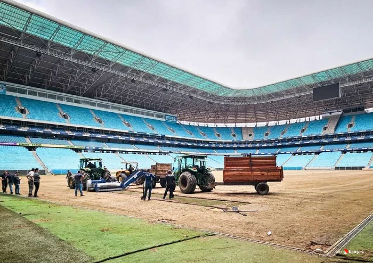 Gramado da Arena do Grêmio começa a ser trocado após enchente