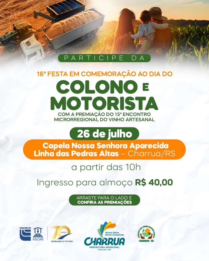 Charrua realiza a 16ª Festa do Colono e do Motorista e o 15º Encontro Microrregional do Vinho