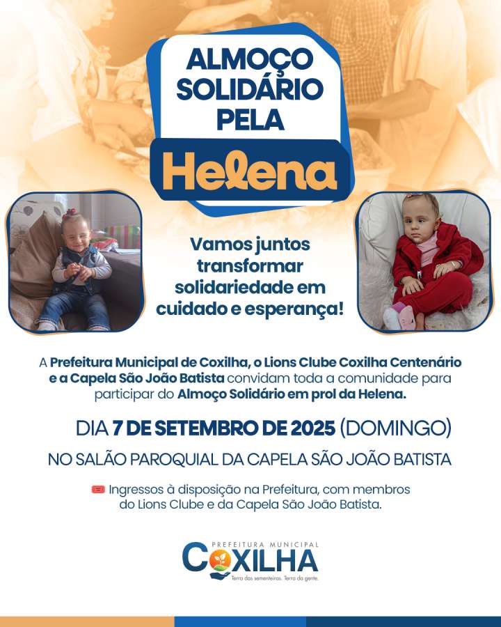 Almoço Solidário será realizado em Coxilha em apoio à Helena Vitória Turski