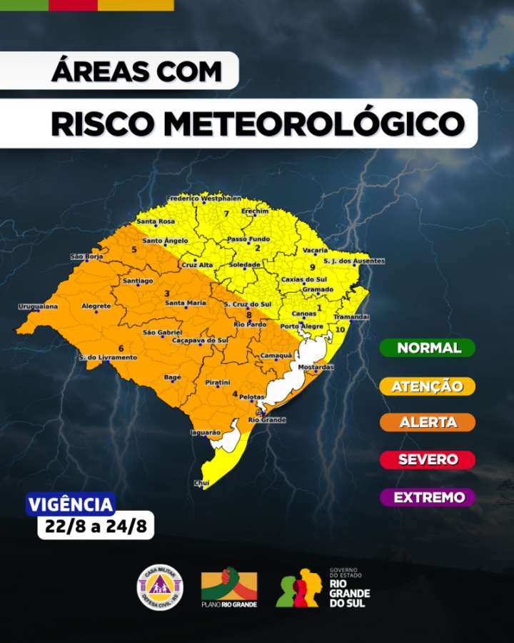 Final da semana terá temporais com rajadas de vento, granizo e chuva intensa no RS