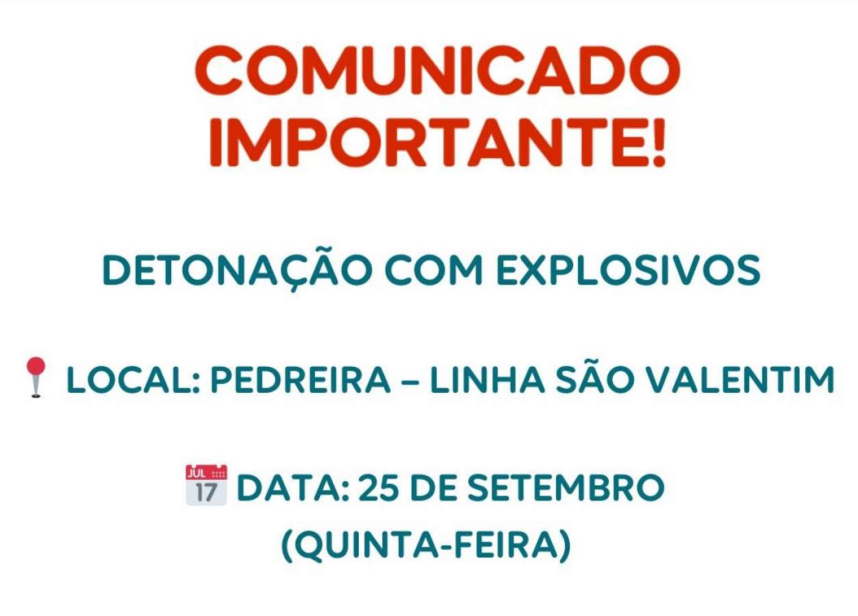 Detonação na pedreira em Charrua está programada para esta quinta-feira