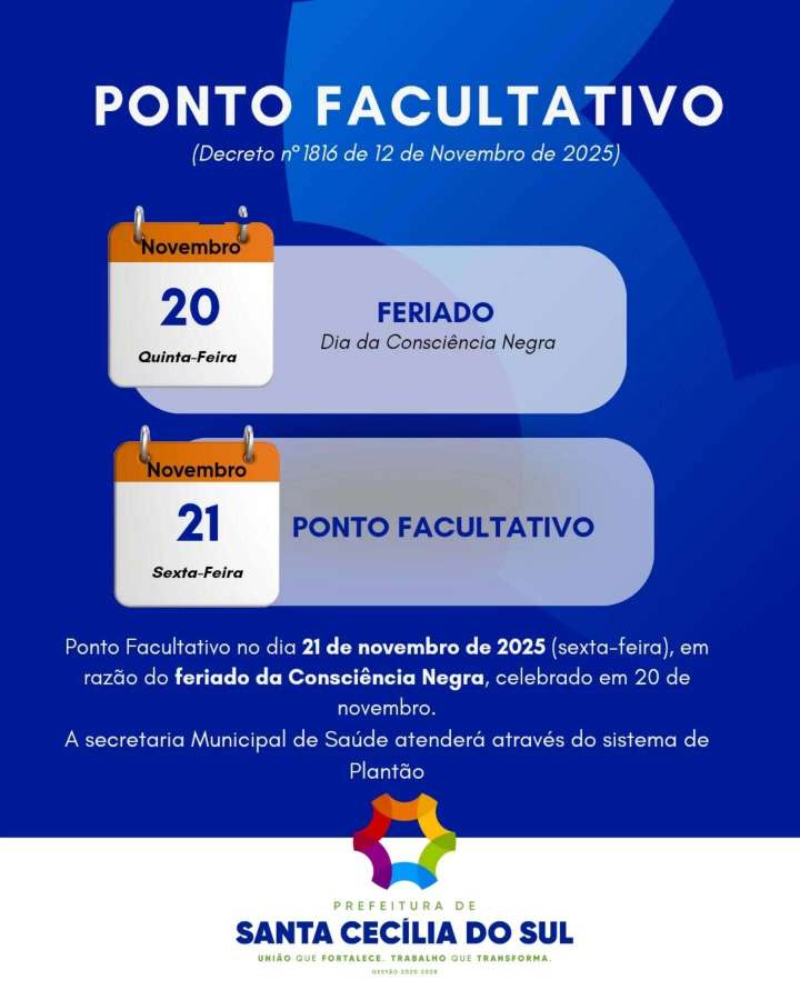 Administração de Santa Cecília do Sul fará Ponto Facultativo na próxima sexta-feira, dia 21