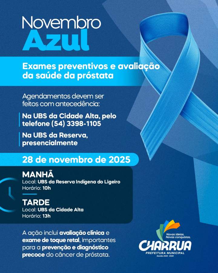 Charrua promove ações do Novembro Azul com exames preventivos no dia 28 de novembro