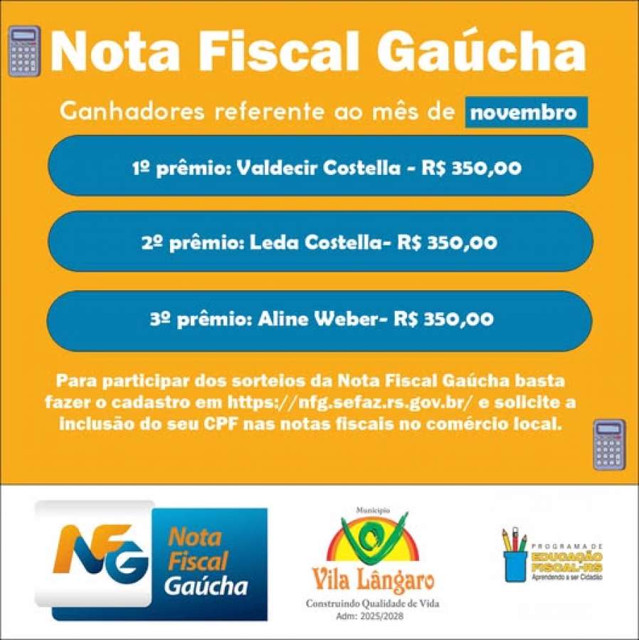 Vila Lângaro divulga ganhadores do sorteio da Nota Fiscal Gaúcha de novembro