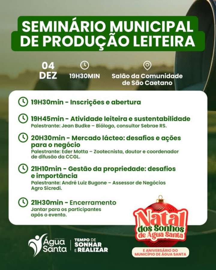Água Santa promove Seminário Municipal de Produção Leiteira no dia 4 de dezembro