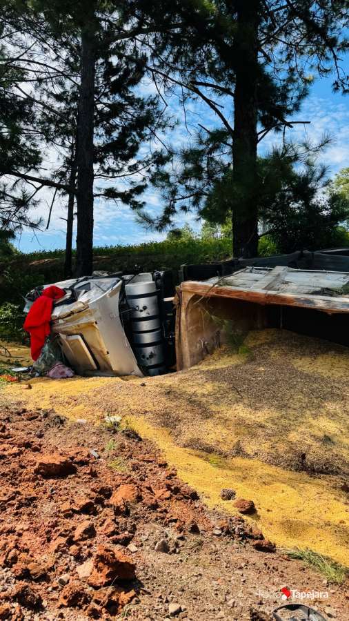 Caminhão carregado de soja tomba na RS-463 em Coxilha