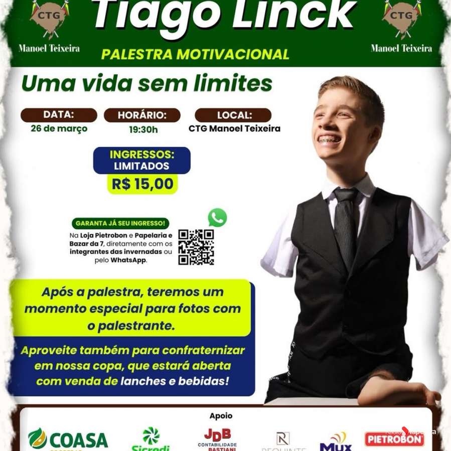 Palestra com Tiago Linck será realizada em Tapejara