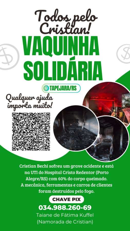 Vaquinha solidária é organizada para ajudar mecânico ferido em incêndio em Tapejara