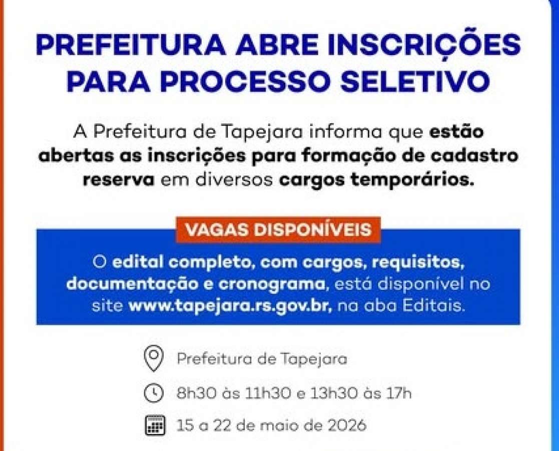Prefeitura de Tapejara abre inscrições para Processo Seletivo Simplificado
