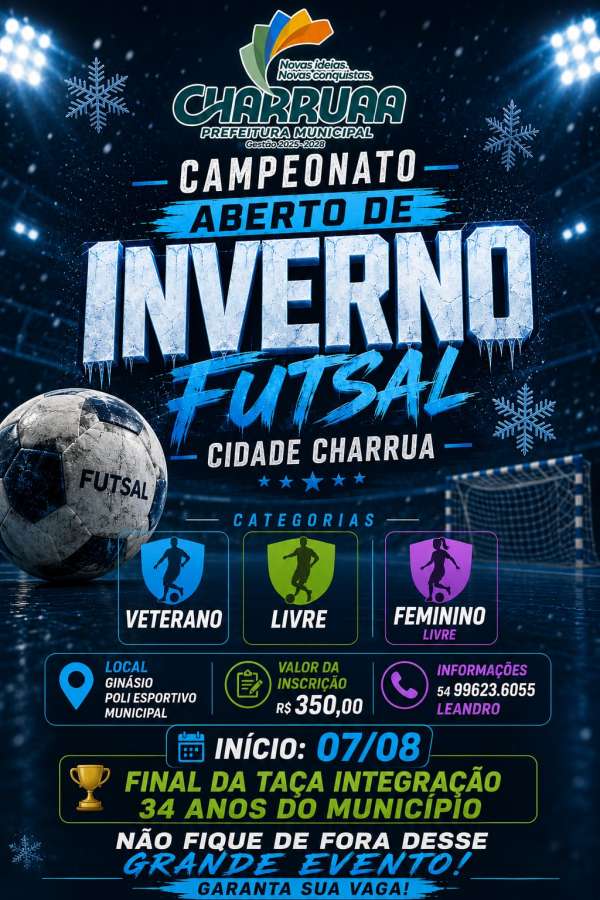 Charrua segue com inscrições para o Campeonato Aberto de Inverno de Futsal