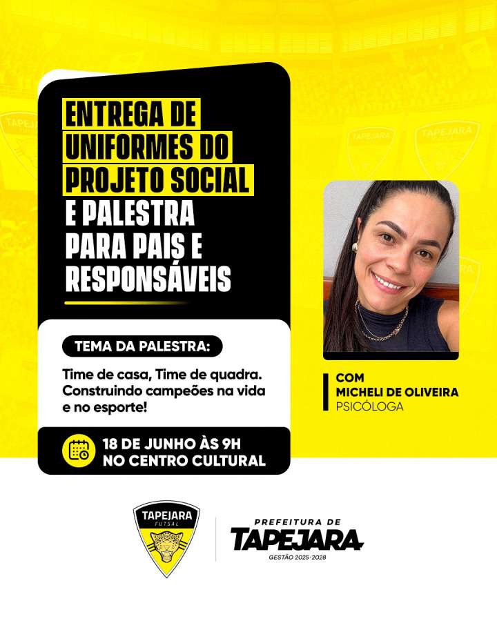 Entrega de uniformes e palestra para famílias marcam programação do Projeto Social Tapejara Futsal no próximo sábado