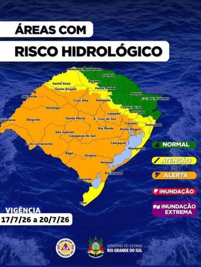 Defesa Civil eleva alerta para vermelho no Rio Grande do Sul devido ao risco de temporais neste fim de semana