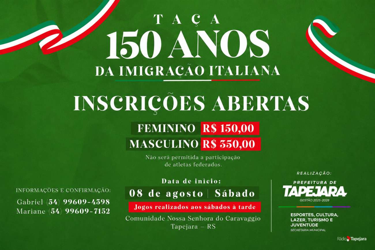 Inscrições abertas para a Taça 150 Anos da Imigração Italiana em Tapejara