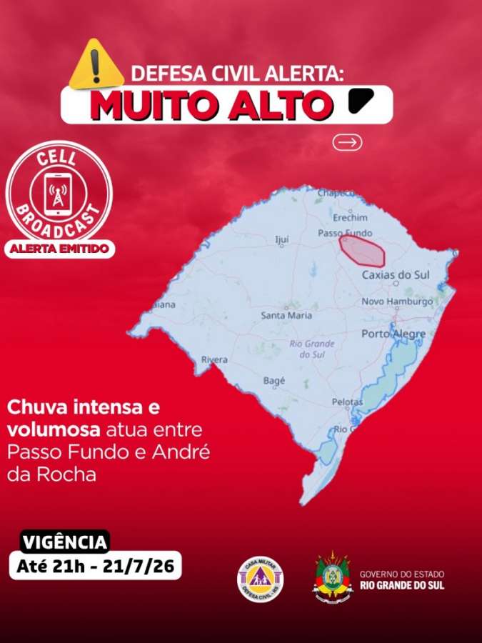 Defesa Civil emite alerta severo para chuva intensa em municípios da região de Tapejara