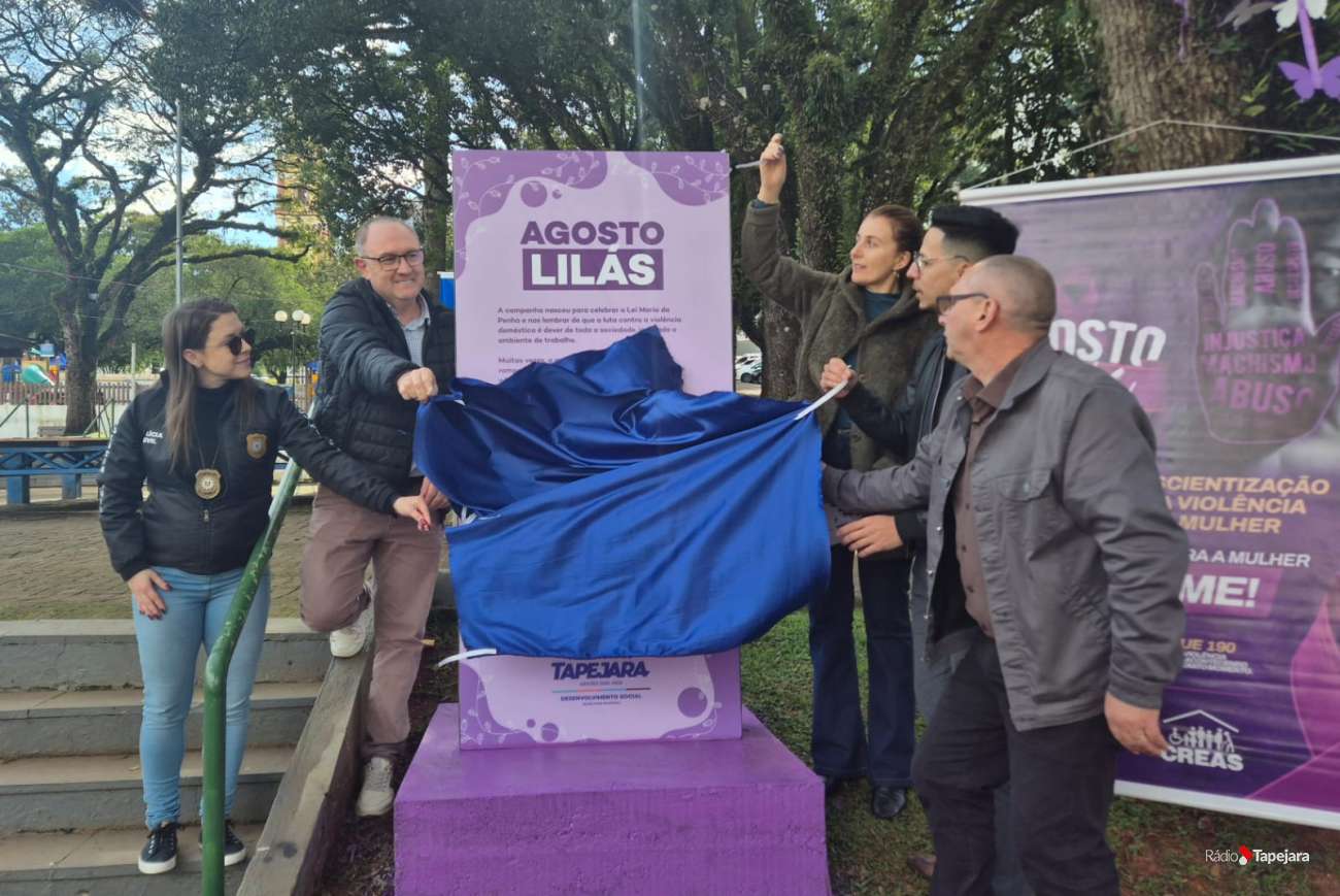 Praça Central de Tapejara recebe símbolos de conscientização e proteção às mulheres durante o Agosto Lilás
