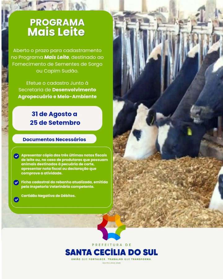 Santa Cecília do Sul abre inscrições para o Programa Mais Leite