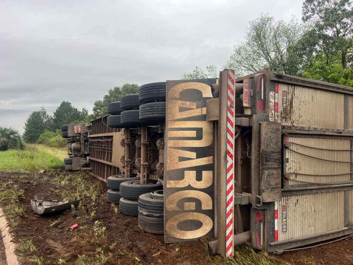 Caminhão carregado com bois tomba no trevo de acesso a Coxilha