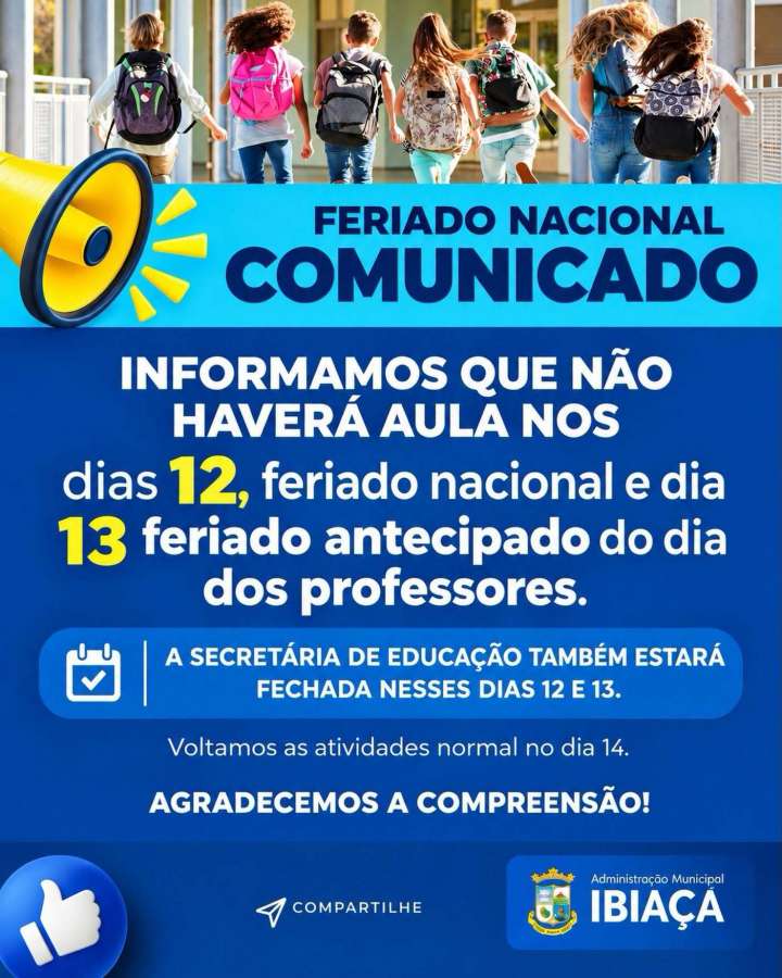 Ibiaçá terá suspensão das aulas nos dias 12 e 13 de outubro