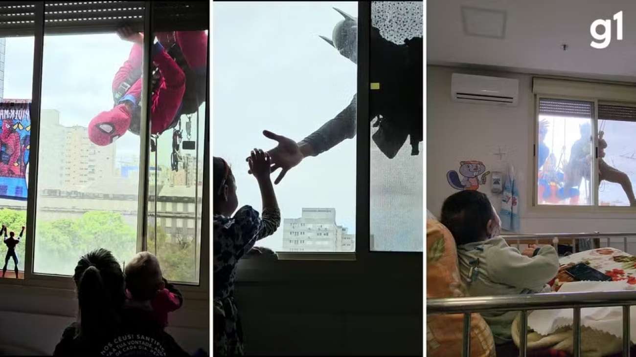 Super-heróis descem de rapel e fazem surpresa para crianças internadas em hospital de Porto Alegre
