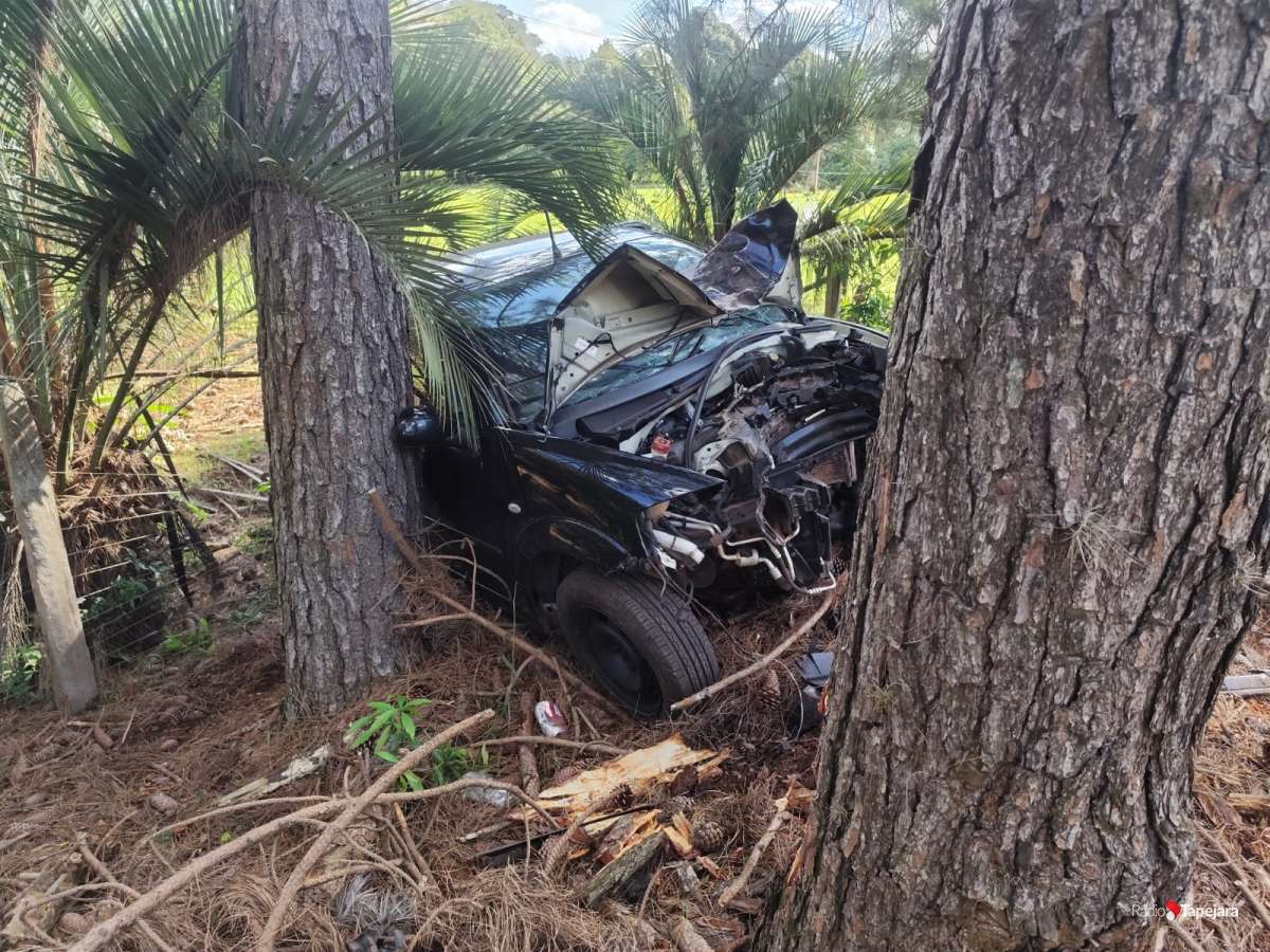 Condutora perde o controle de veículo e colide contra pinheiros na RS-463, em Tapejara